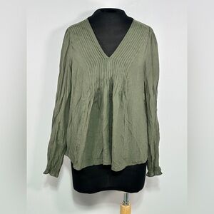Nanette Lepore Peasant Top Pintuck Blouse Olive Green Long Sleeve Boho Medium